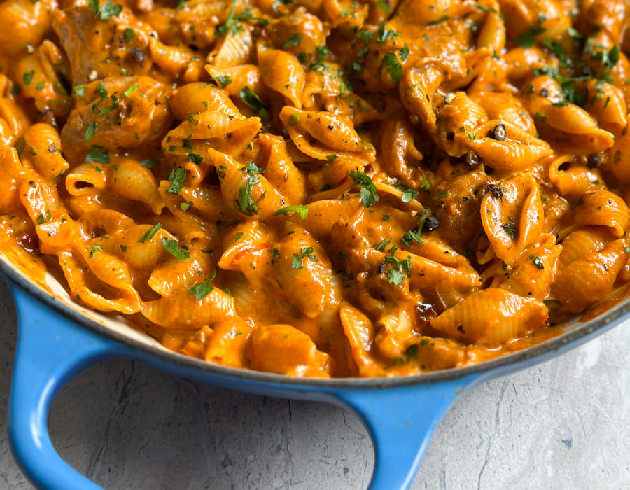 Chicken Shell Pasta with Red Pepper sauce