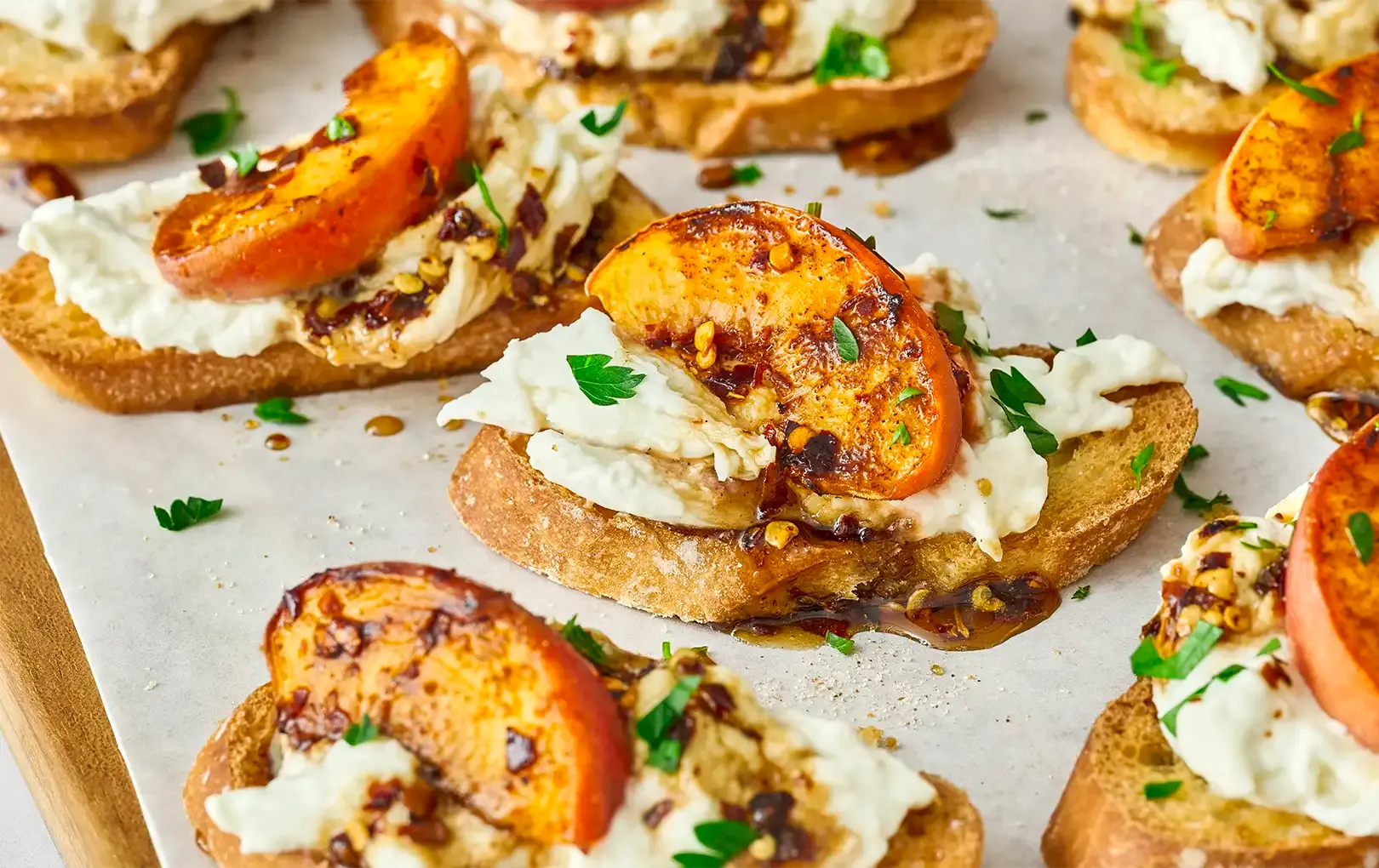 Bread with burrata and roasted peaches