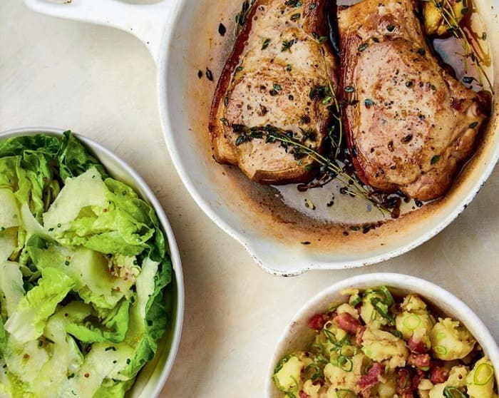 Roast Pork Chops with Crushed Charlotte Potatoes and Lettuce and Apple Salad